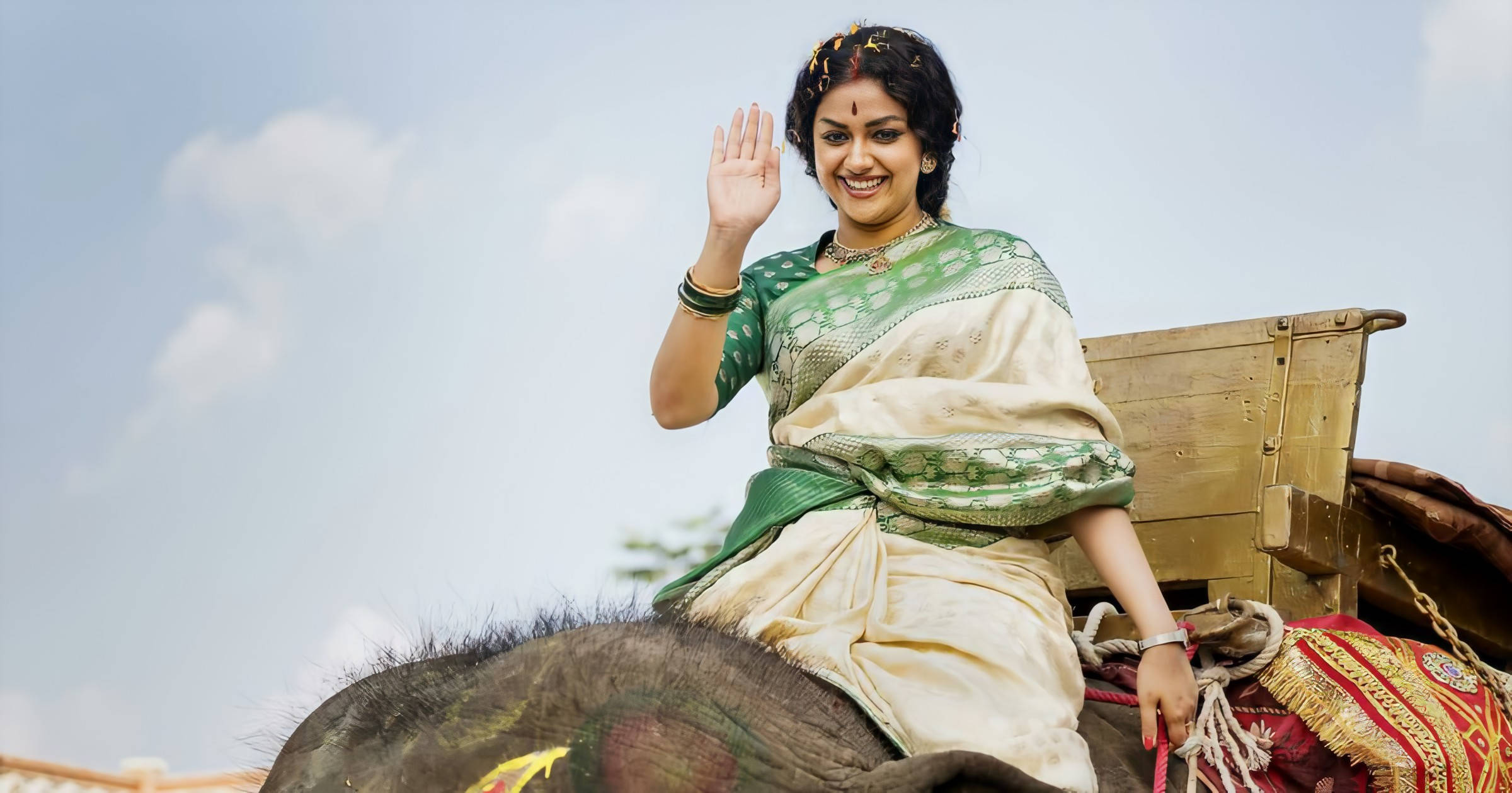 Keerthi Suresh, saree, elephant, Full HD Desktop Wallpaper