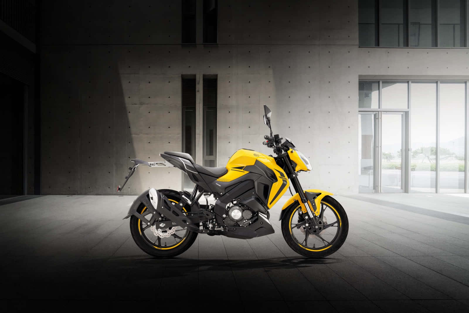 Keeway, yellow and black sport motorcycle, minimalist concrete garage, HD Desktop Wallpaper