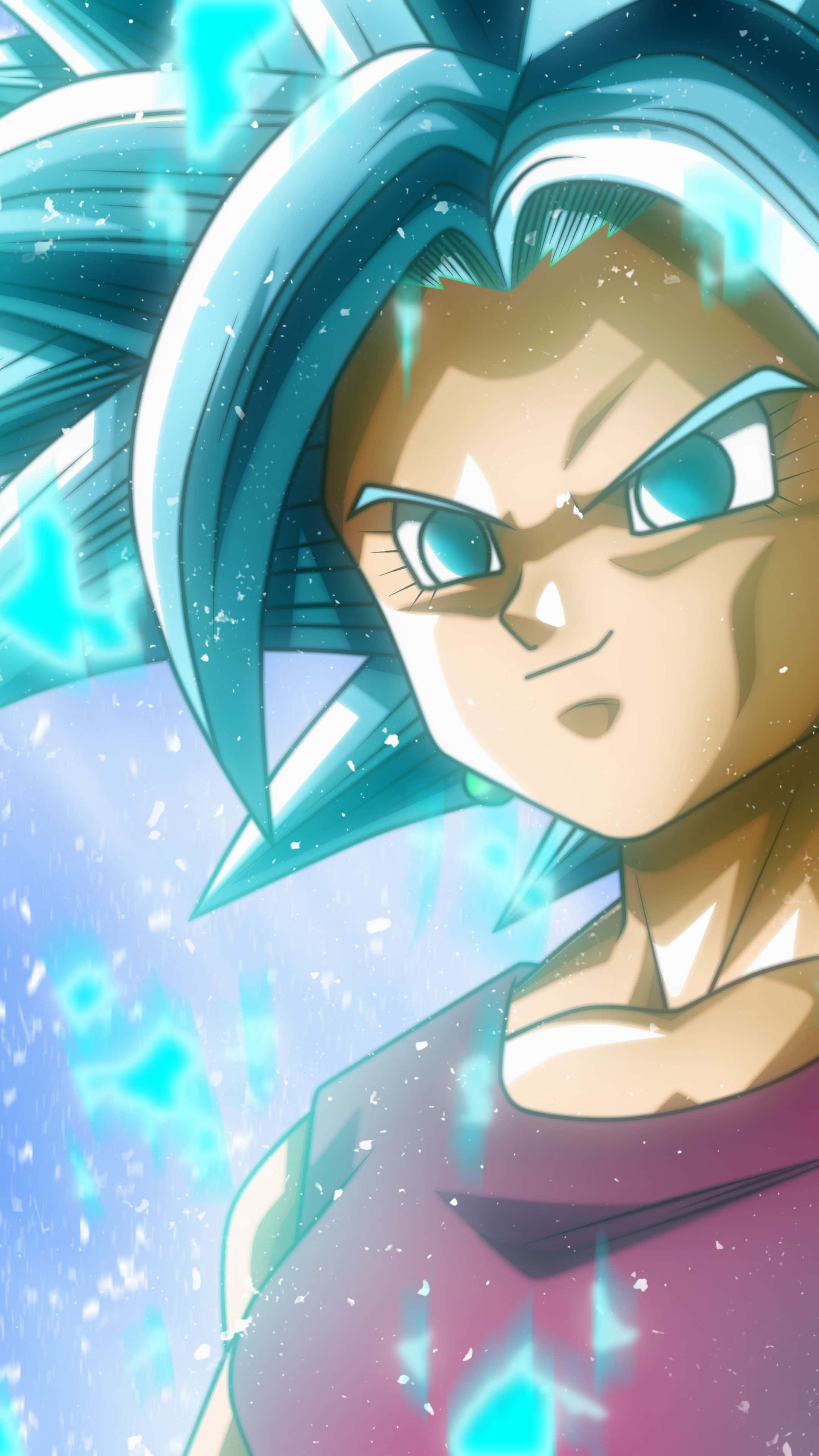 Kefla, spiky blue hair, glowing cyan energy particles, 4K Phone Wallpaper