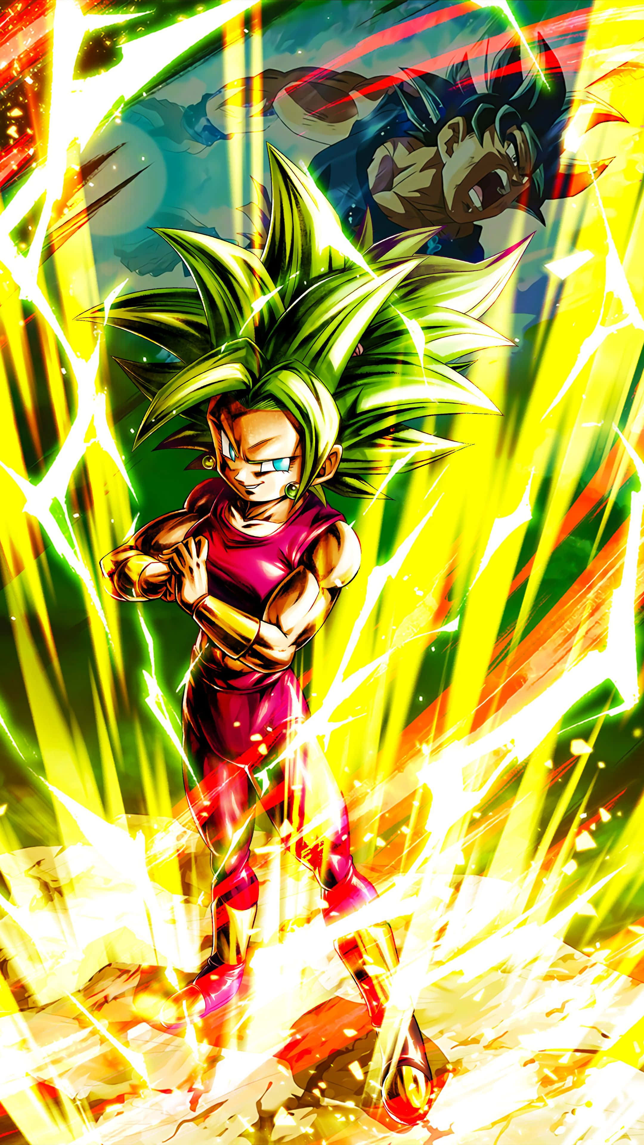 Kefla, spiky green hair, red outfit, 4K Phone Wallpaper