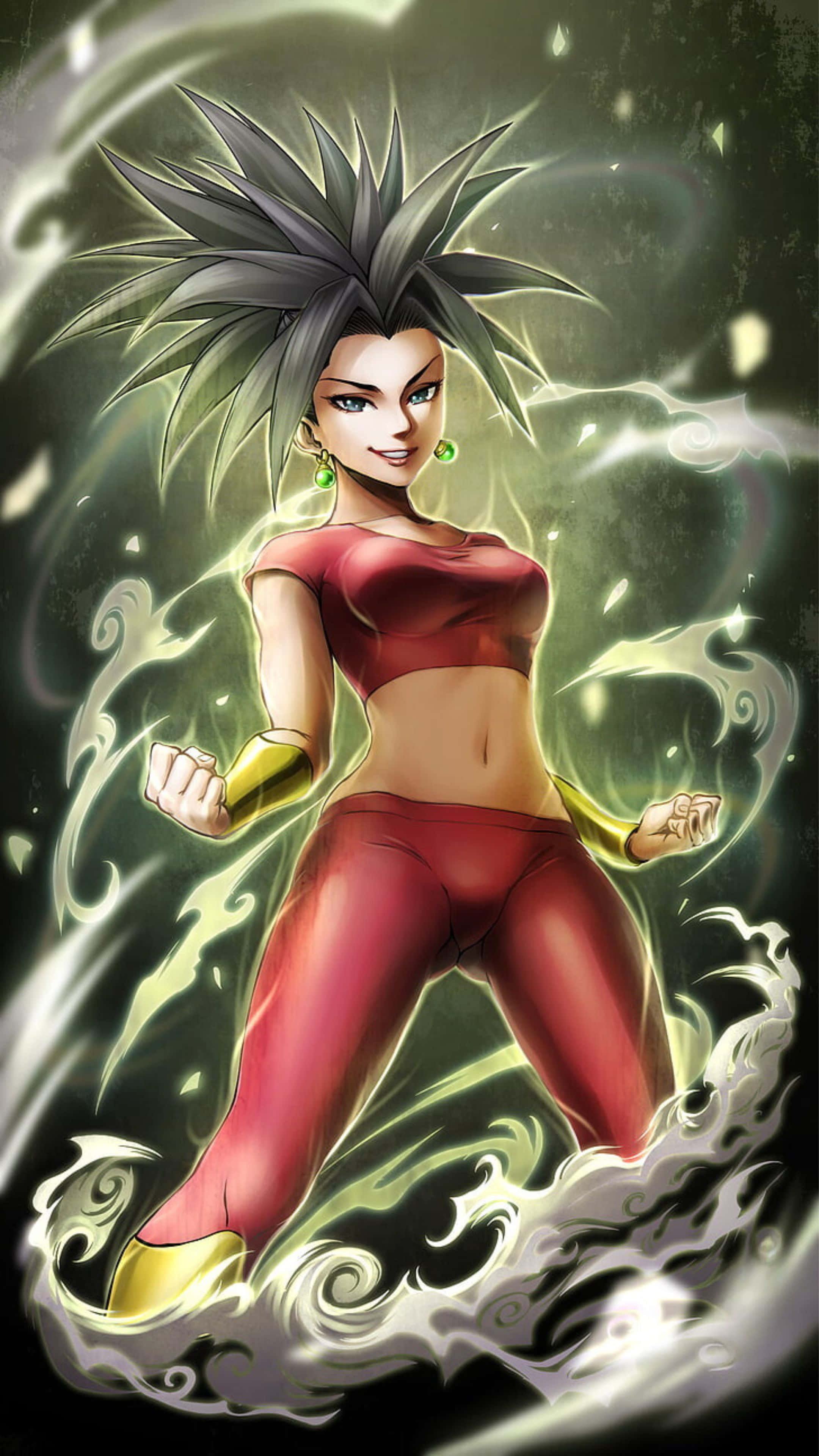 Kefla, spiky-haired anime warrior, red and gold, 4K Phone Wallpaper