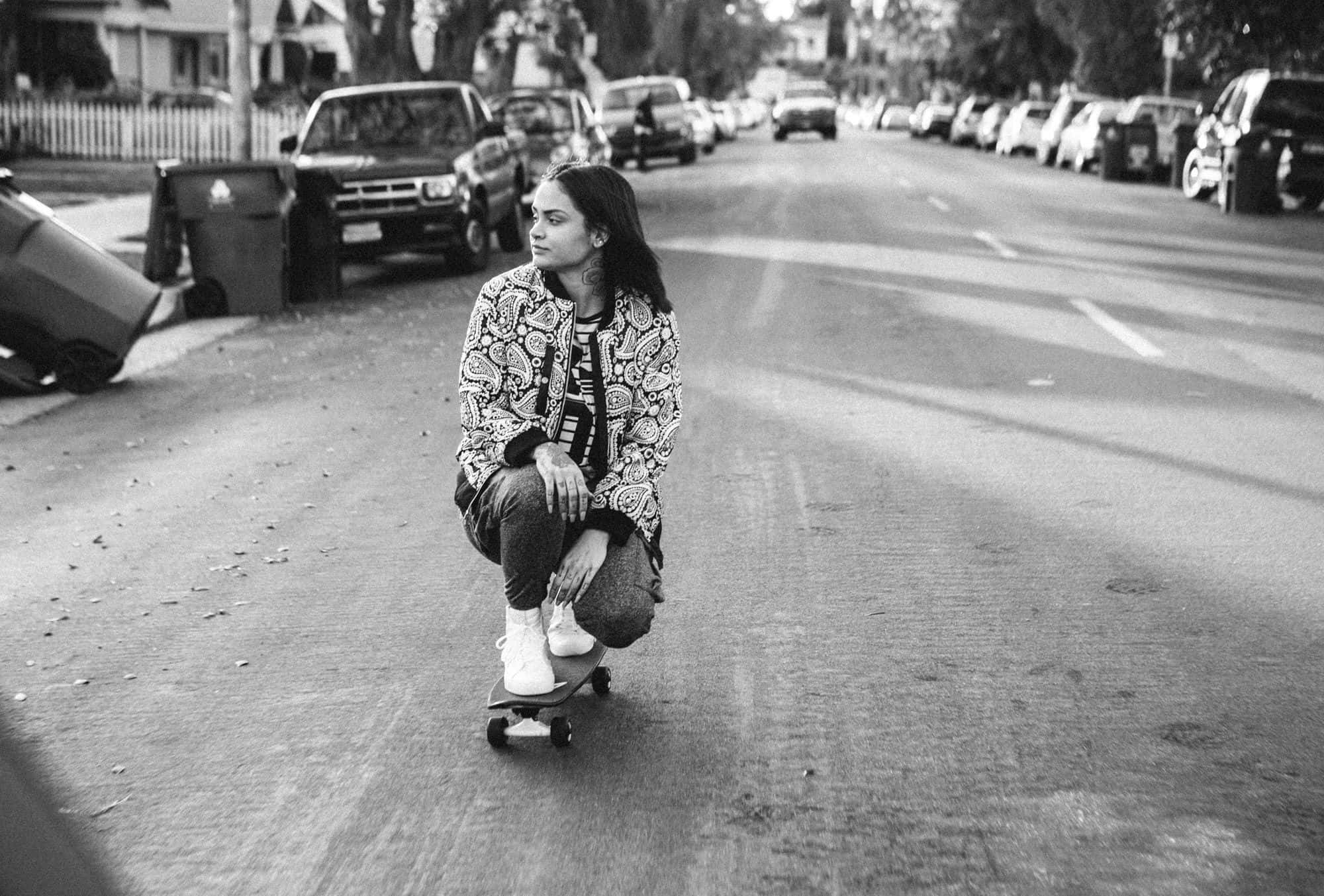 Kehlani, skateboard, residential street, Full HD Desktop Wallpaper