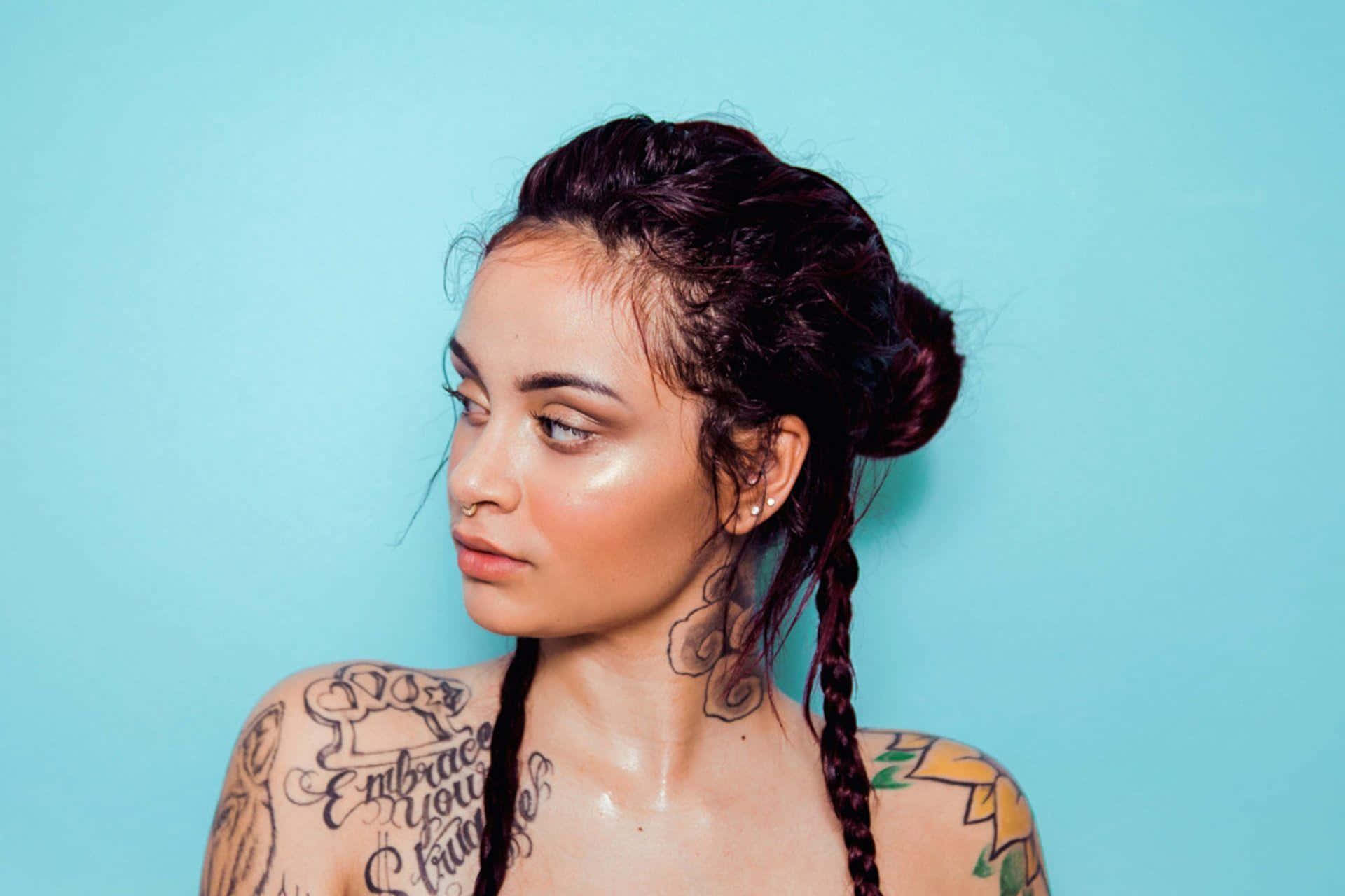 Kehlani, dark braided hair, visible tattoos, Full HD Desktop Wallpaper