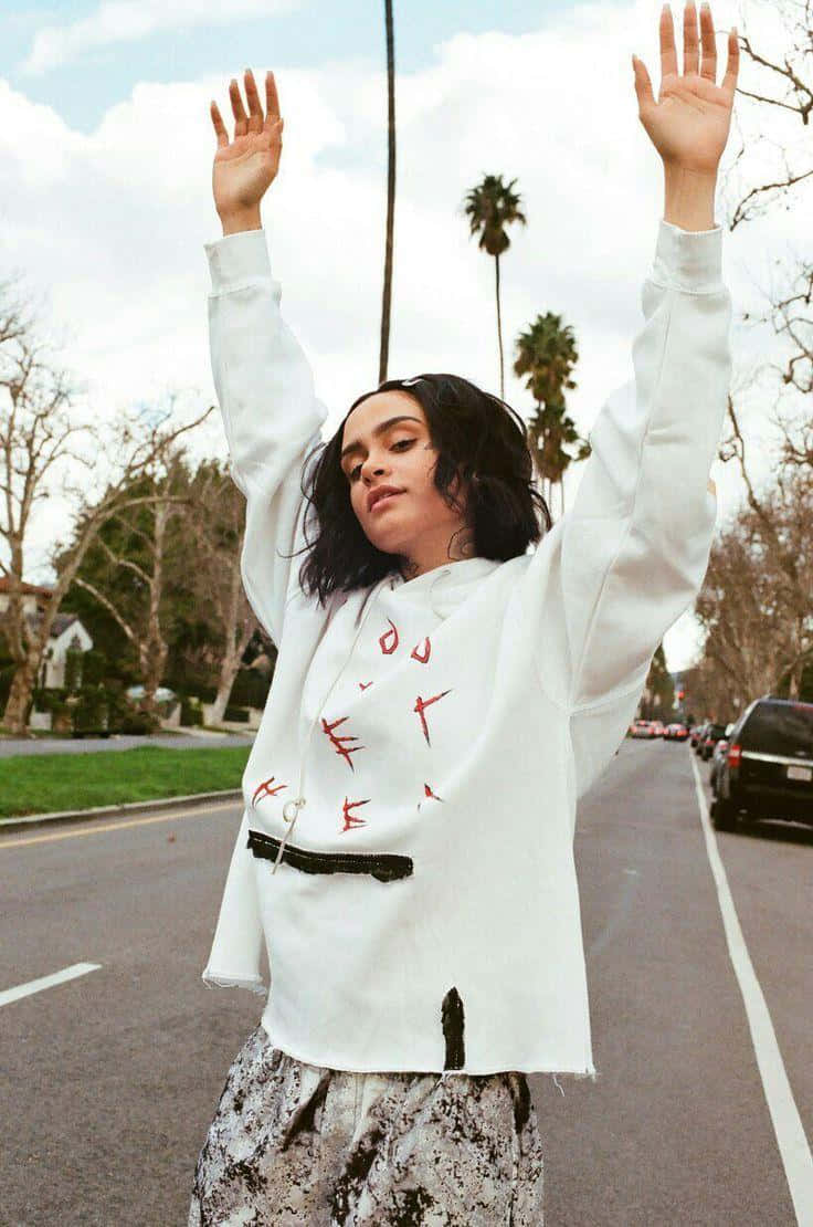 Kehlani, white hoodie, red graffiti, SD Phone Wallpaper