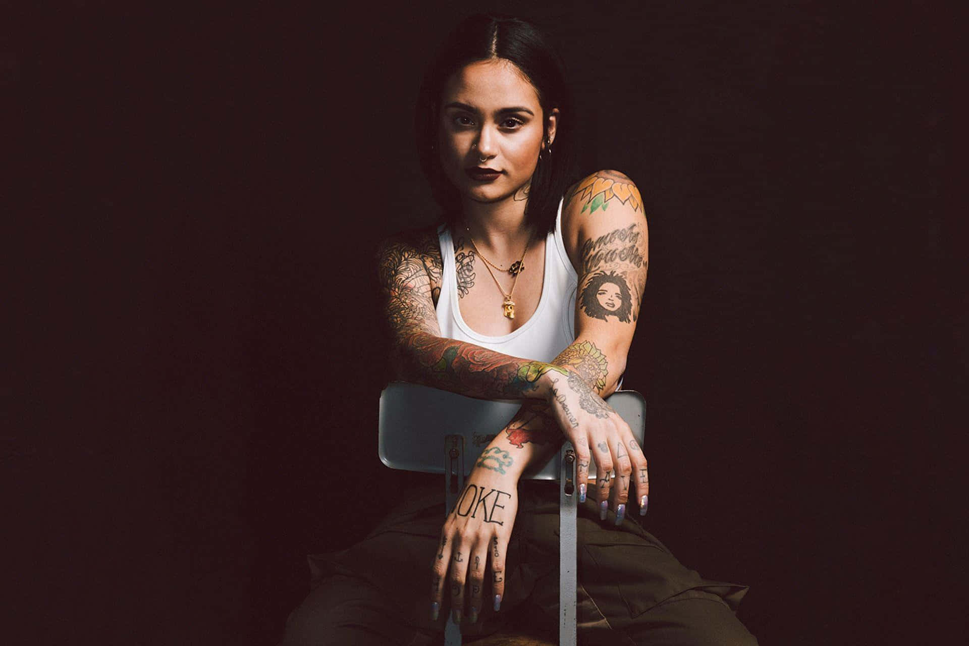Kehlani, black background, tattooed woman, Full HD Desktop Wallpaper