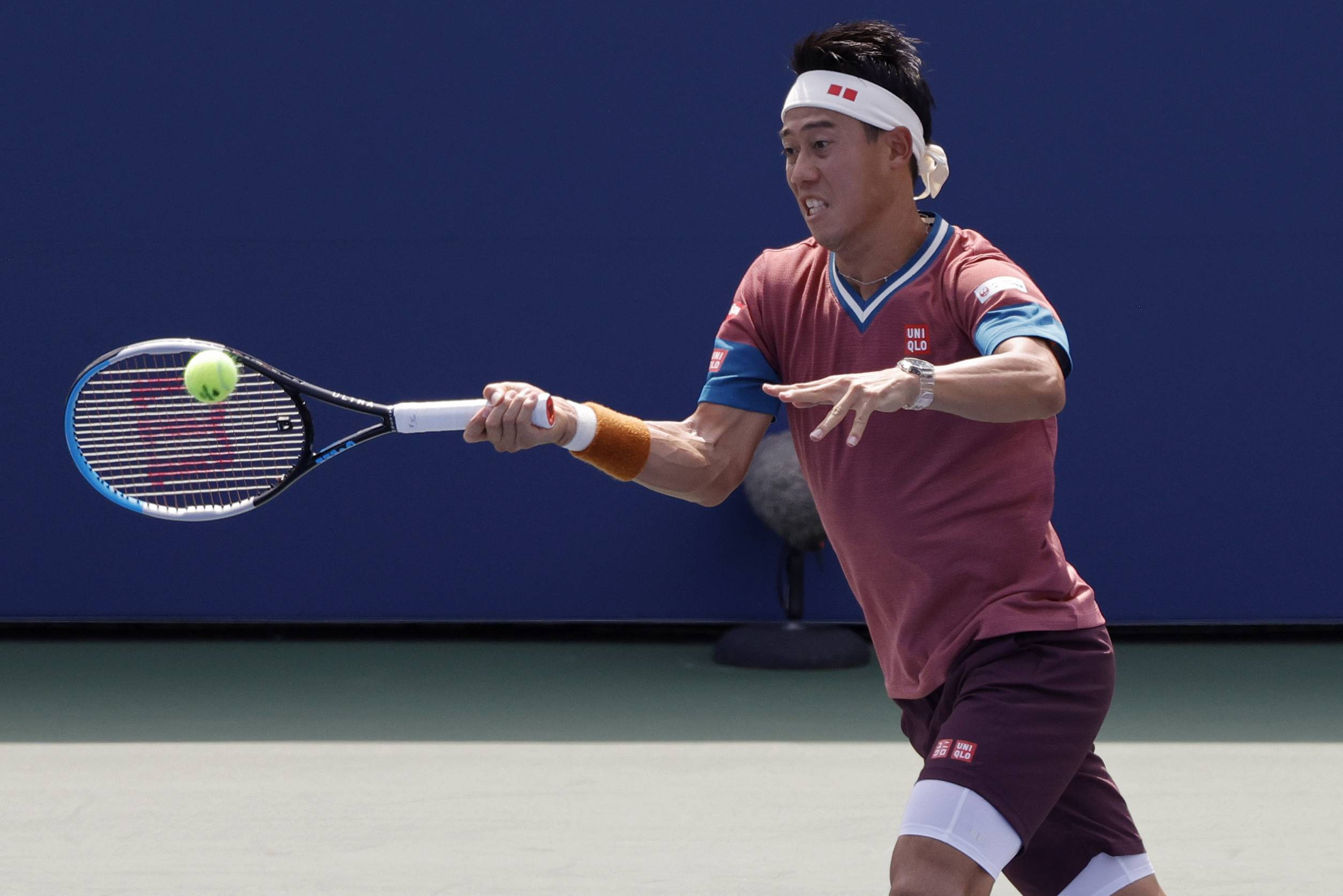 Kei Nishikori, maroon gear, bright yellow ball, Full HD Desktop Wallpaper