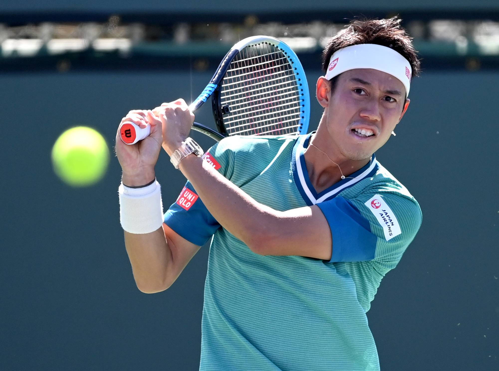 Kei Nishikori, racket, bright yellow ball, Full HD Desktop Wallpaper