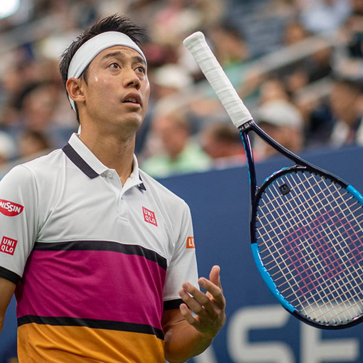 Kei Nishikori, racket flip, colorful striped shirt, SD Desktop Wallpaper