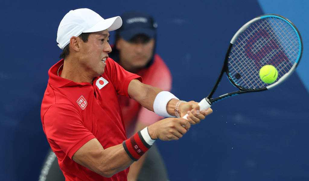 Kei Nishikori, red shirt, white cap, SD Desktop Wallpaper