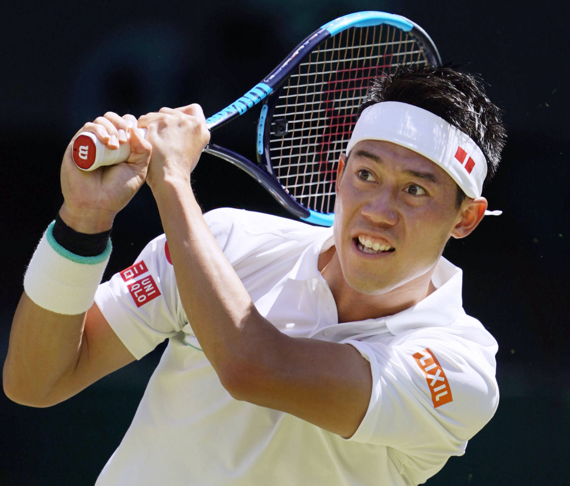 Kei Nishikori, white gear, blue racket, Full HD Desktop Wallpaper