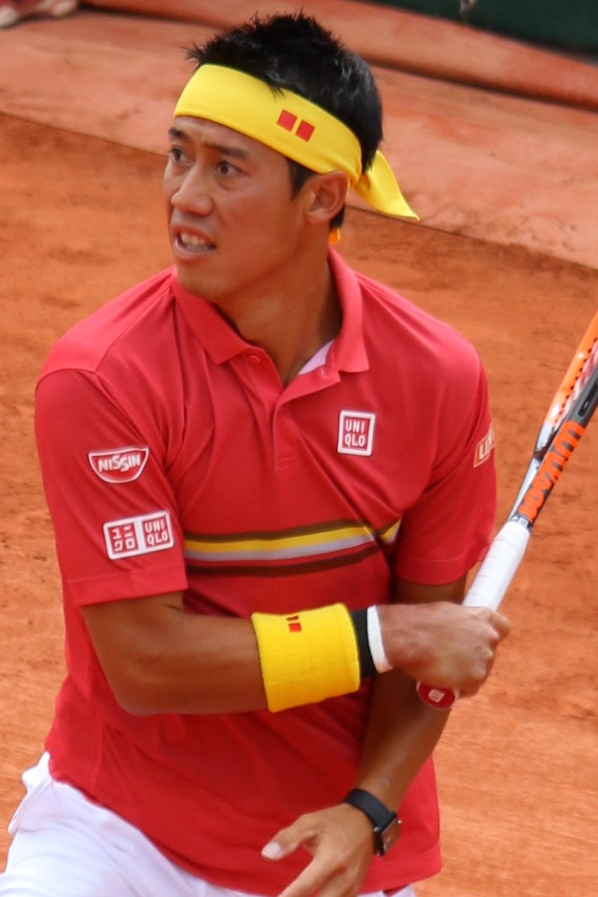 Kei Nishikori, red and yellow gear, tennis racket, SD Phone Wallpaper