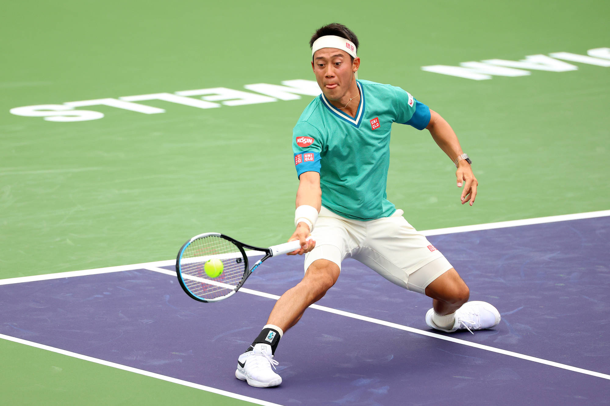 Kei Nishikori, teal shirt, yellow ball, Full HD Desktop Wallpaper