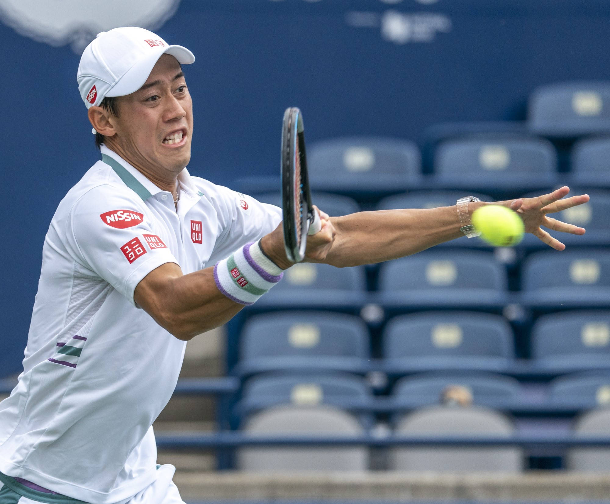 Kei Nishikori, white gear, bright yellow ball, Full HD Desktop Wallpaper