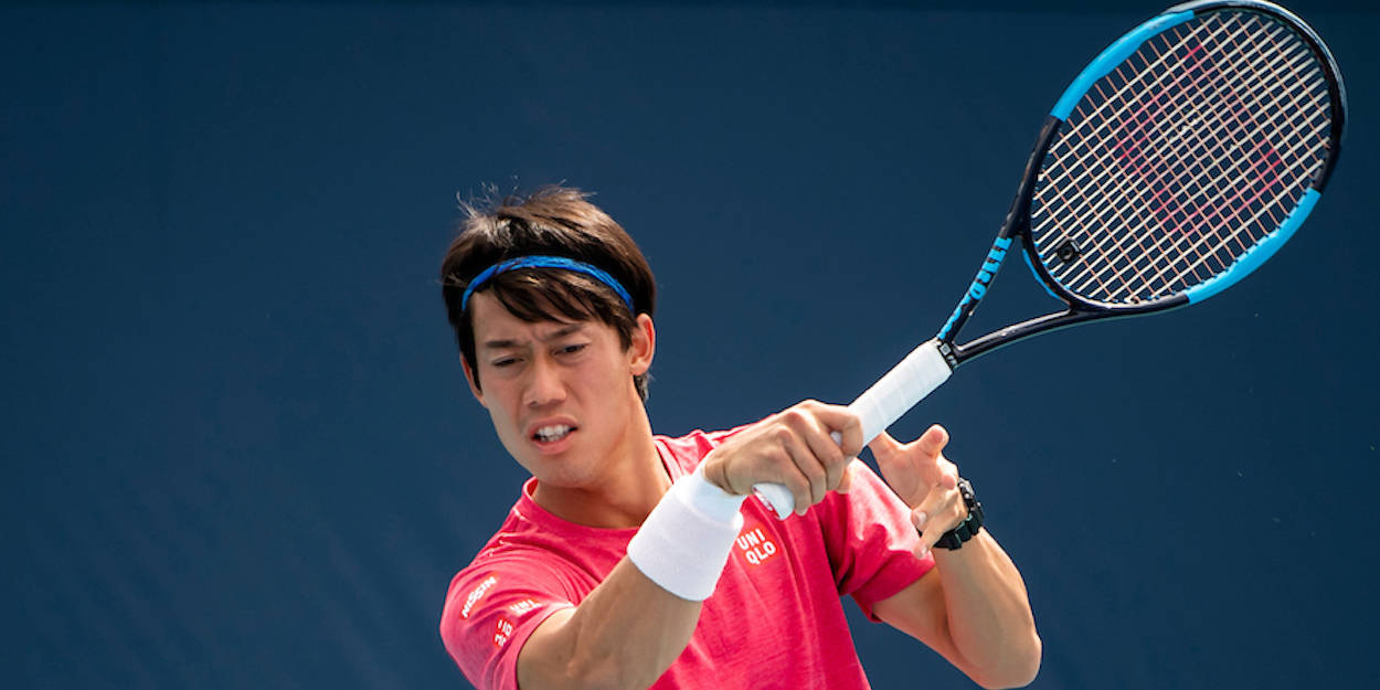 Kei Nishikori, pink shirt, blue and black racket, SD Desktop Wallpaper
