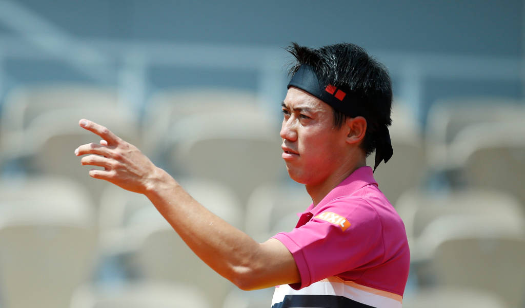 Kei Nishikori, pink shirt, tennis racket, SD Desktop Wallpaper