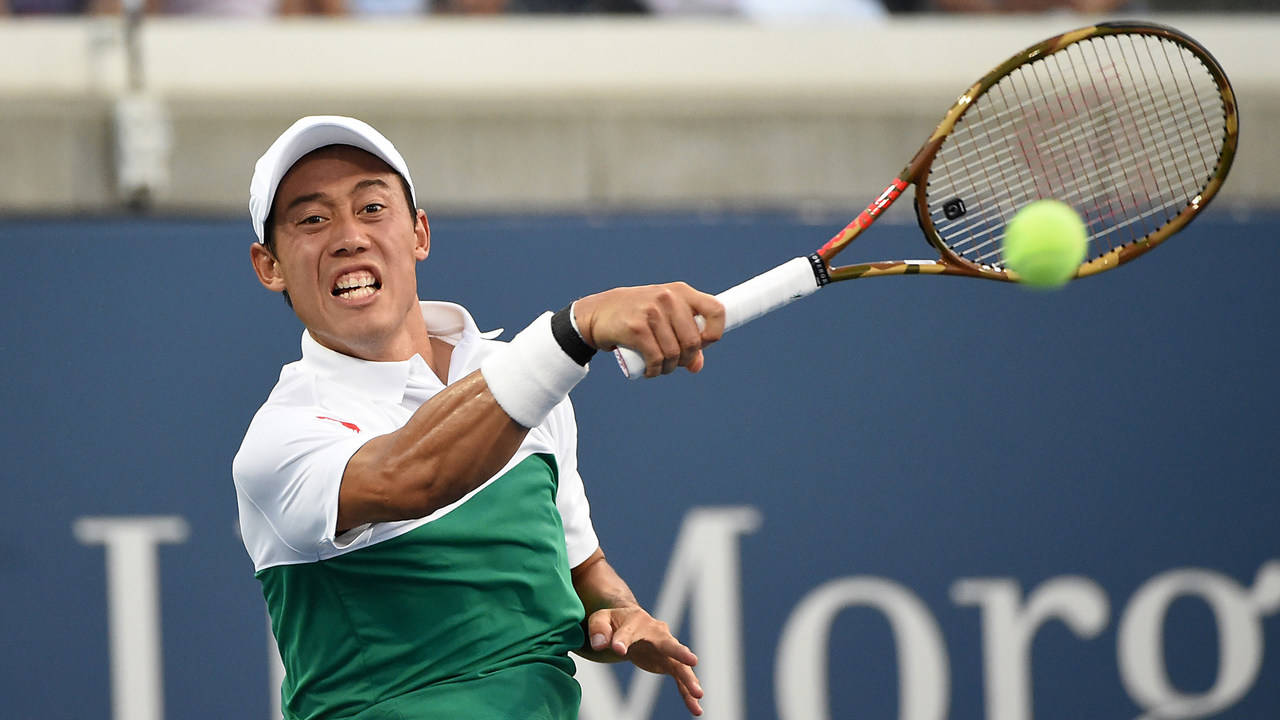 Kei Nishikori, green and white shirt, bright yellow tennis ball, HD Desktop Wallpaper