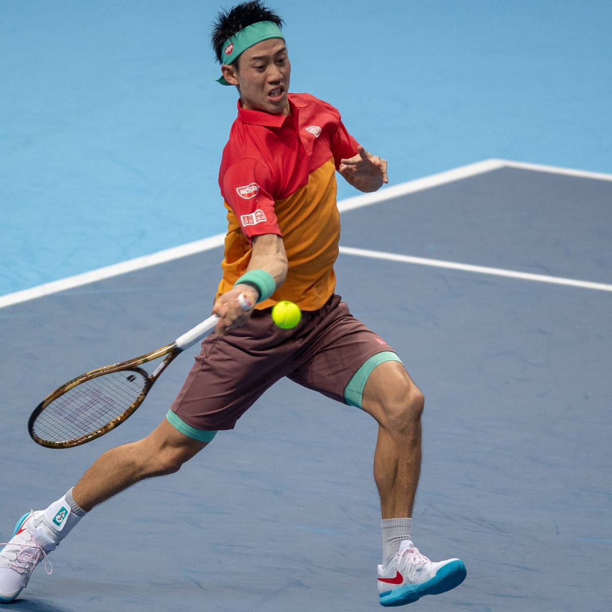 Kei Nishikori, red and orange shirt, bright yellow tennis ball, SD Desktop Wallpaper
