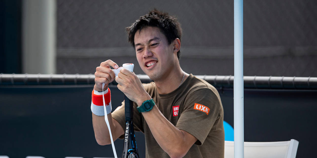 Kei Nishikori, tennis racket, court bench, SD Desktop Wallpaper