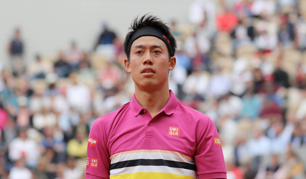 Kei Nishikori, pink striped shirt, clay court, SD Desktop Wallpaper