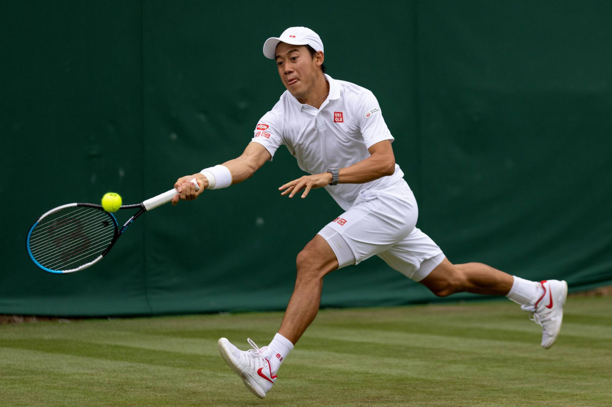 Kei Nishikori, white gear, grass court, Full HD Desktop Wallpaper