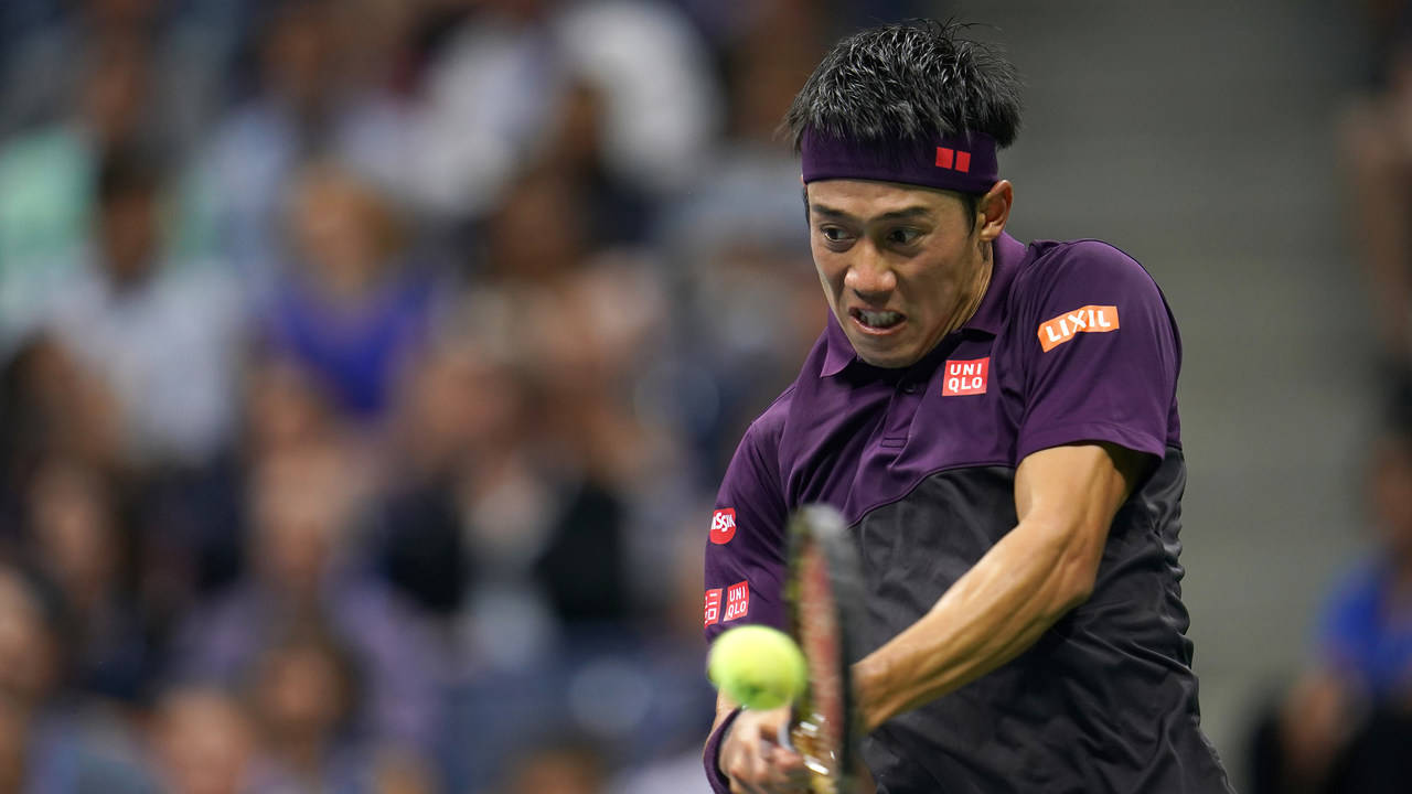 Kei Nishikori, purple and black uniform, bright yellow tennis ball, HD Desktop Wallpaper