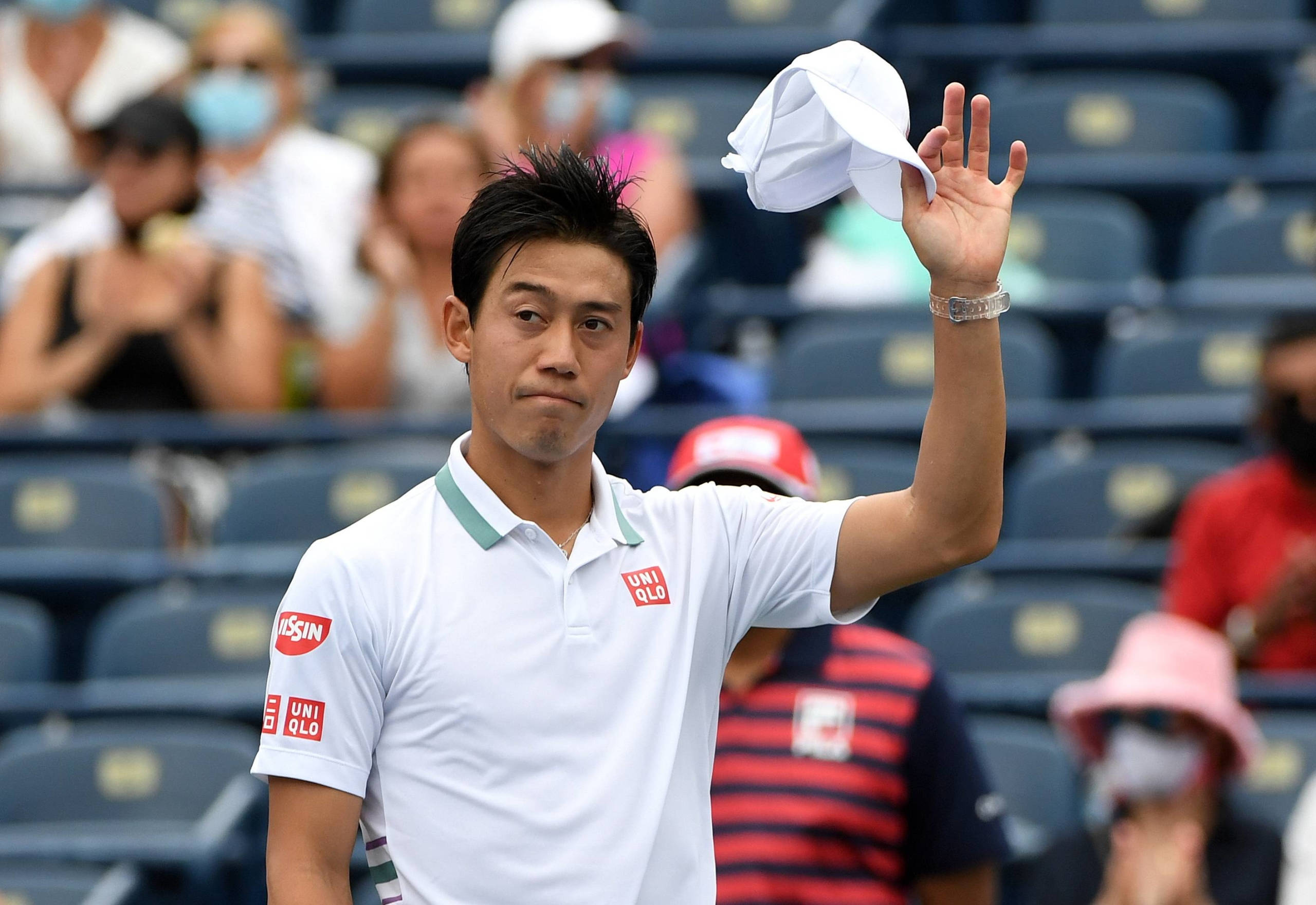 Kei Nishikori, white polo shirt, blue seats, 2K Desktop Wallpaper