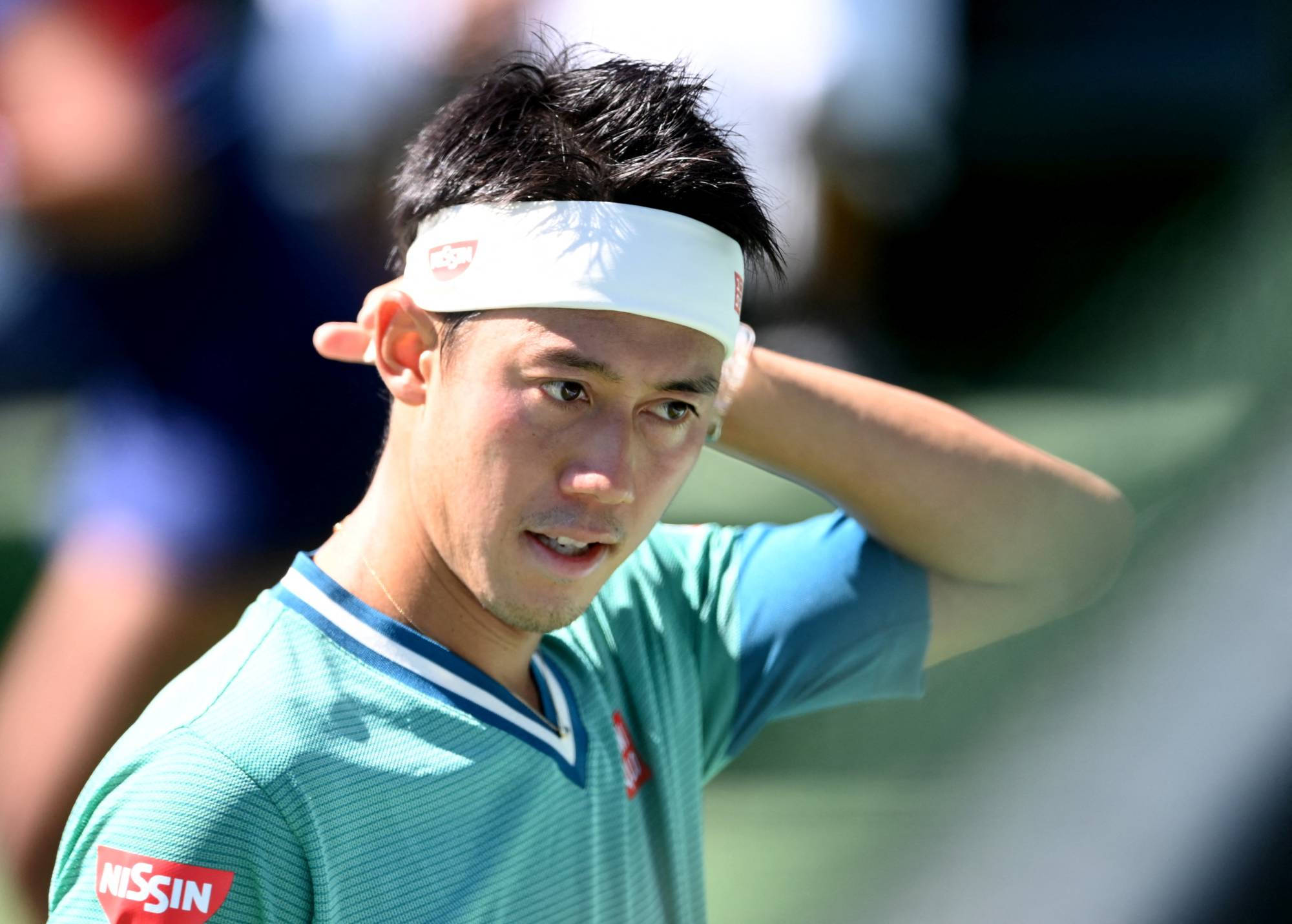 Kei Nishikori, teal shirt, white headband, Full HD Desktop Wallpaper