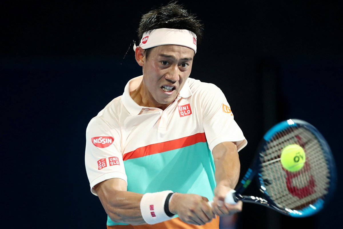 Kei Nishikori, white and teal shirt, bright yellow tennis ball, SD Desktop Wallpaper