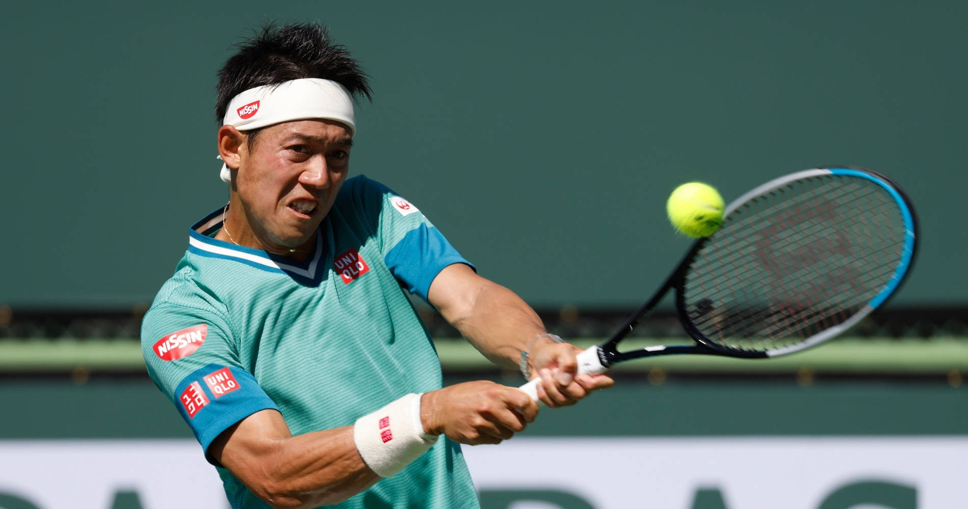 Kei Nishikori, teal shirt, bright yellow ball, HD Desktop Wallpaper