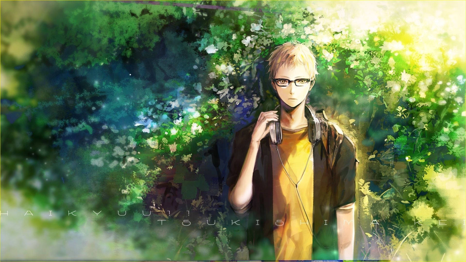 Kei Tsukishima, glasses, headphones, Full HD Desktop Wallpaper