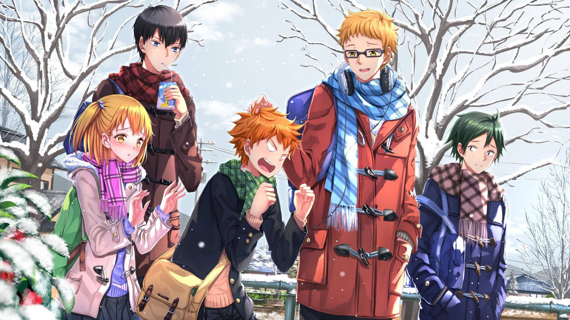Kei Tsukishima, winter coats, falling snow, Full HD Desktop Wallpaper