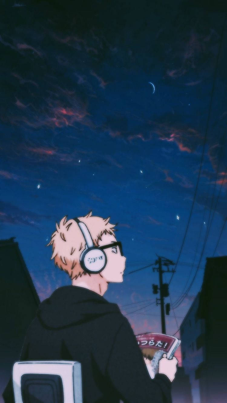 Kei Tsukishima, starry twilight sky, pink and blue clouds, HD Phone Wallpaper