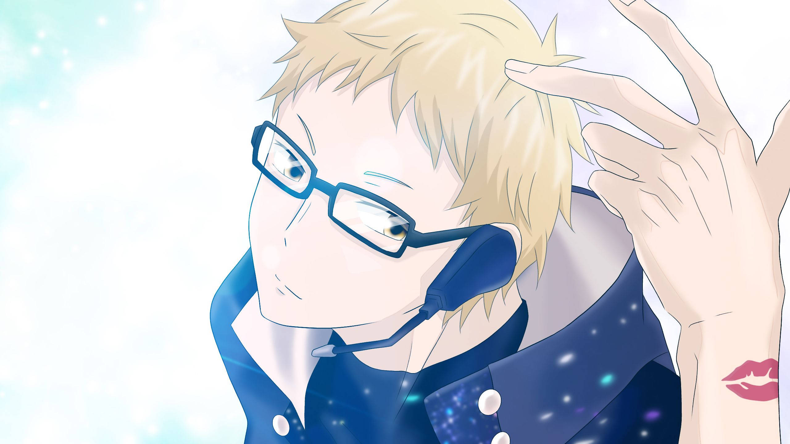 Kei Tsukishima, blonde hair, blue glasses, 2K Desktop Wallpaper