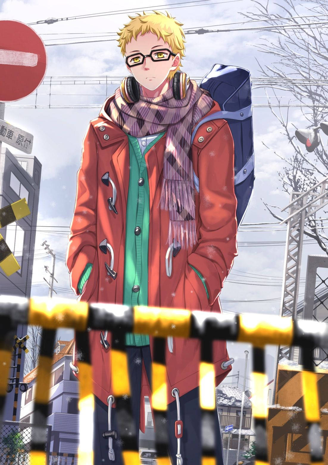 Kei Tsukishima, winter outfit, snowy urban street, HD Phone Wallpaper