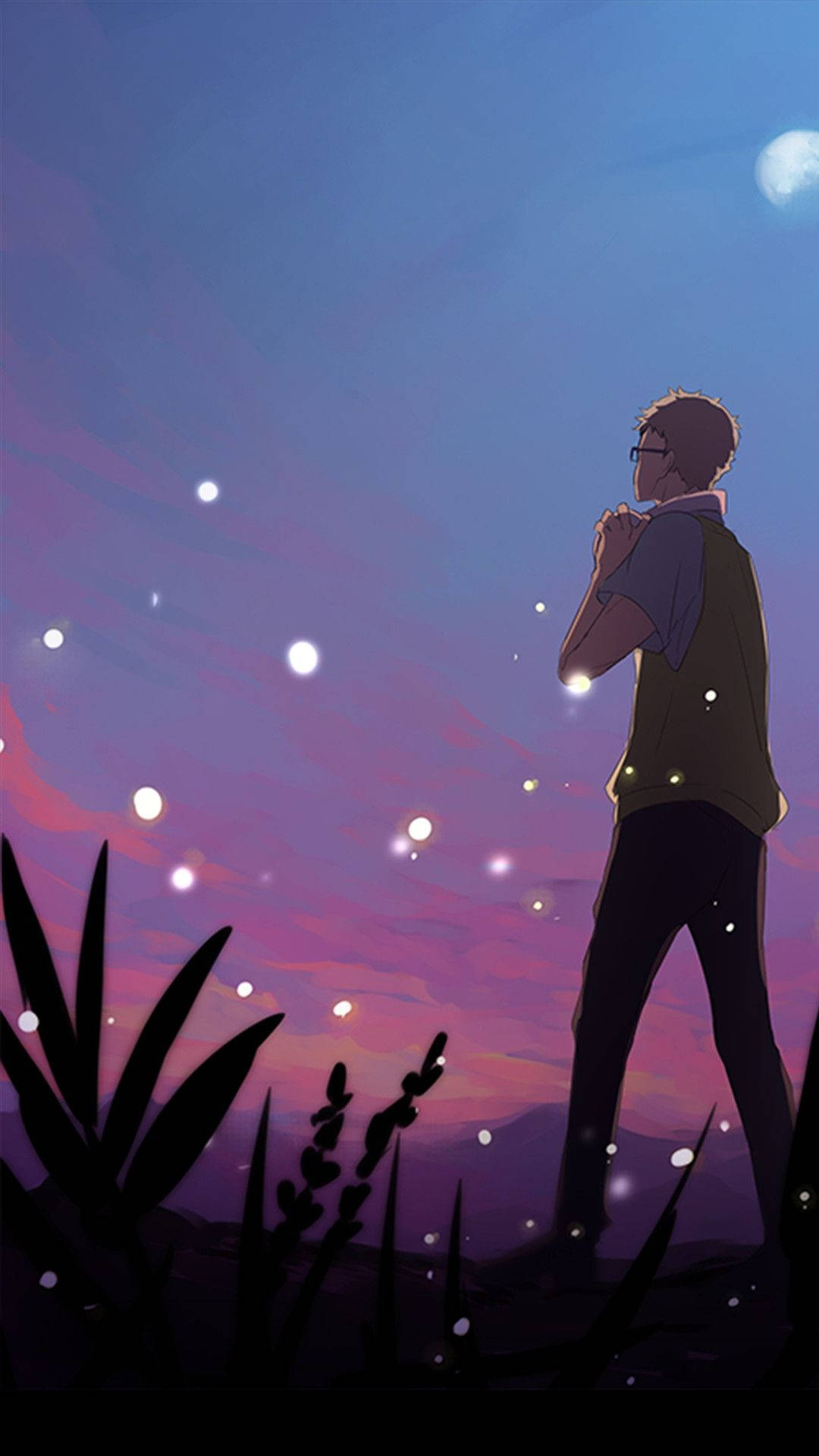 Kei Tsukishima, twilight, glowing fireflies, Full HD Phone Wallpaper