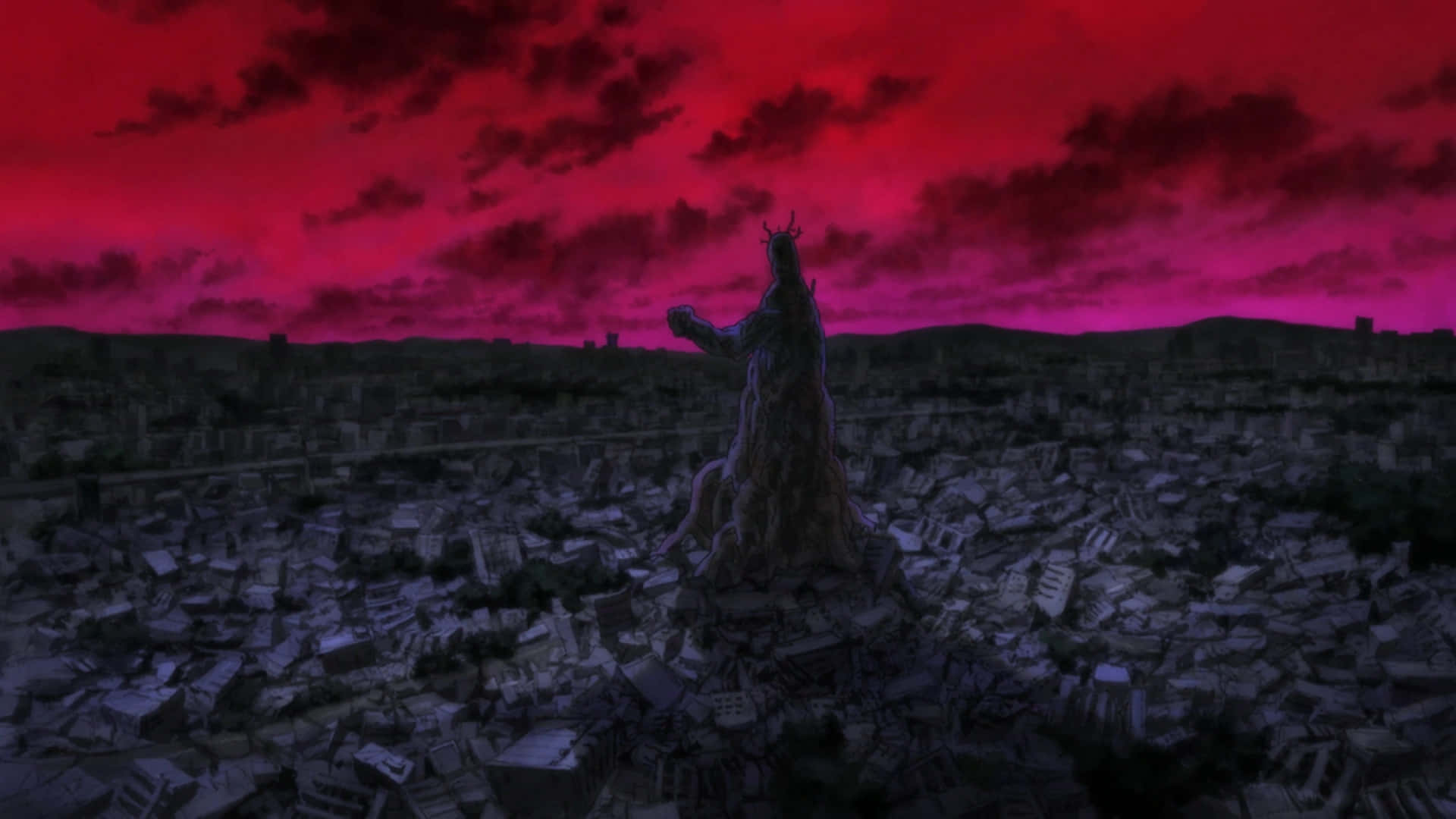 Keiji Mogami, blood red sky, ruined city, Full HD Desktop Wallpaper