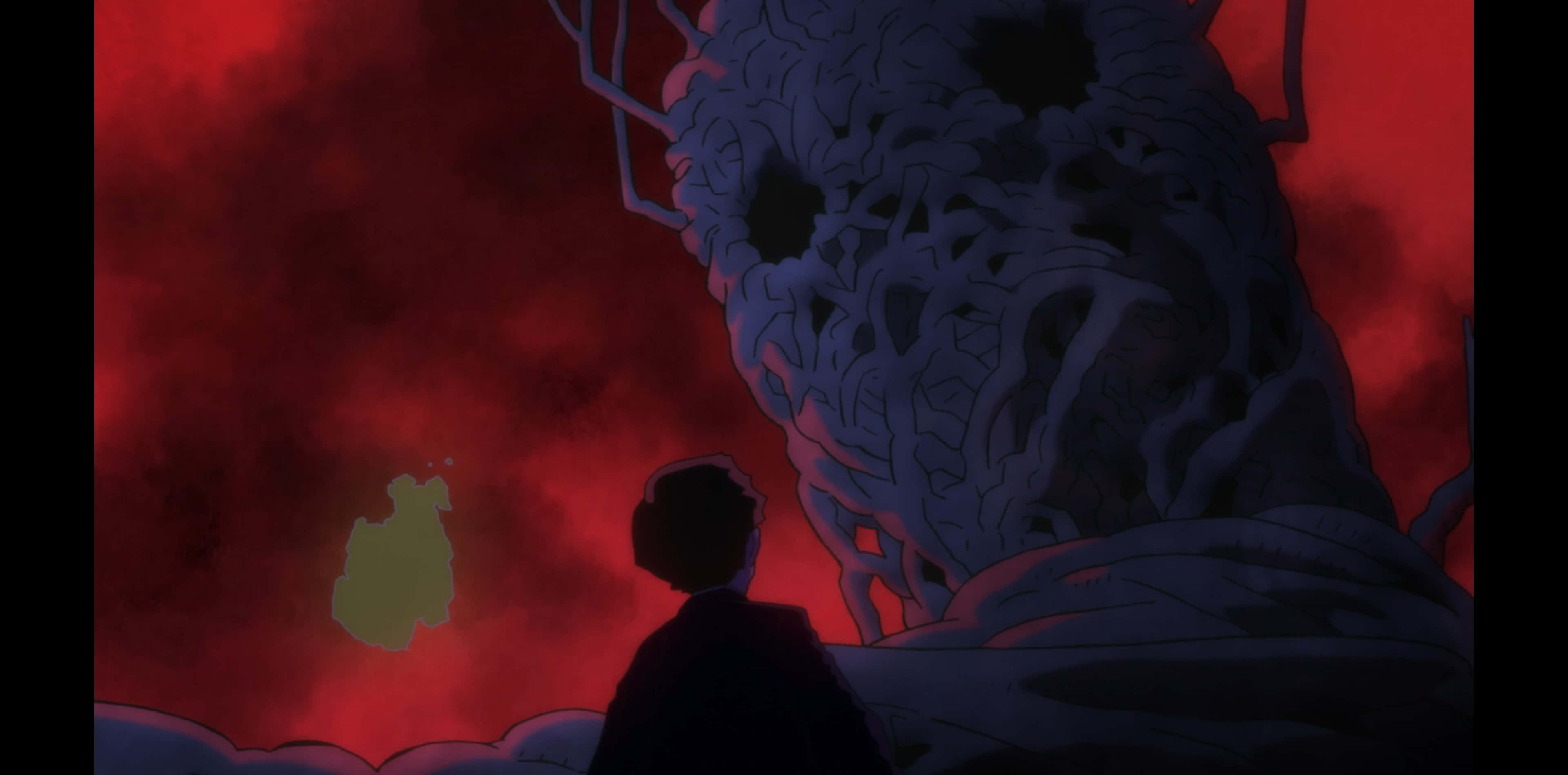 Keiji Mogami, colossal skull-like entity, swirling crimson sky, 4K Desktop Wallpaper