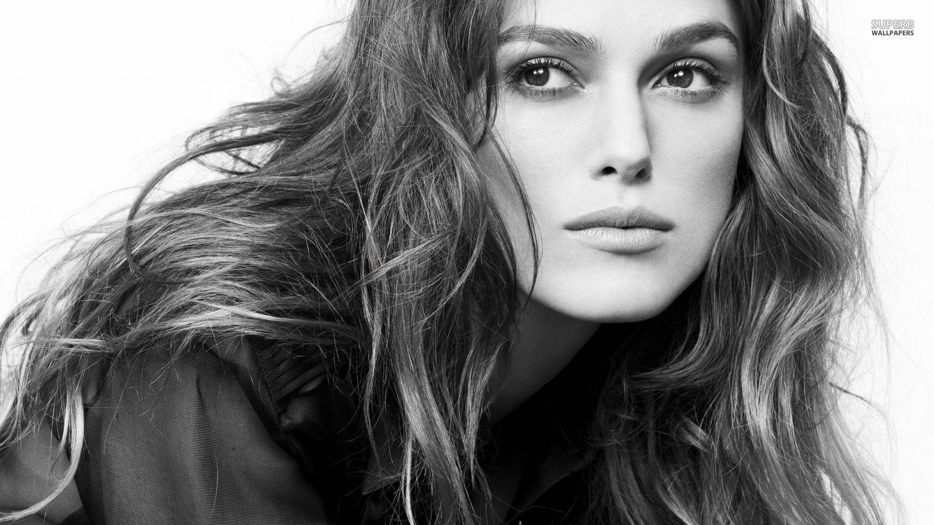 Keira Knightley, monochrome portrait, windswept hair, Full HD Desktop Wallpaper
