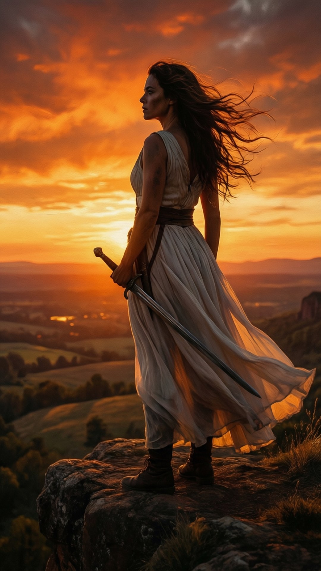 Keira Metz, sunset, cliff, Full HD Phone Wallpaper