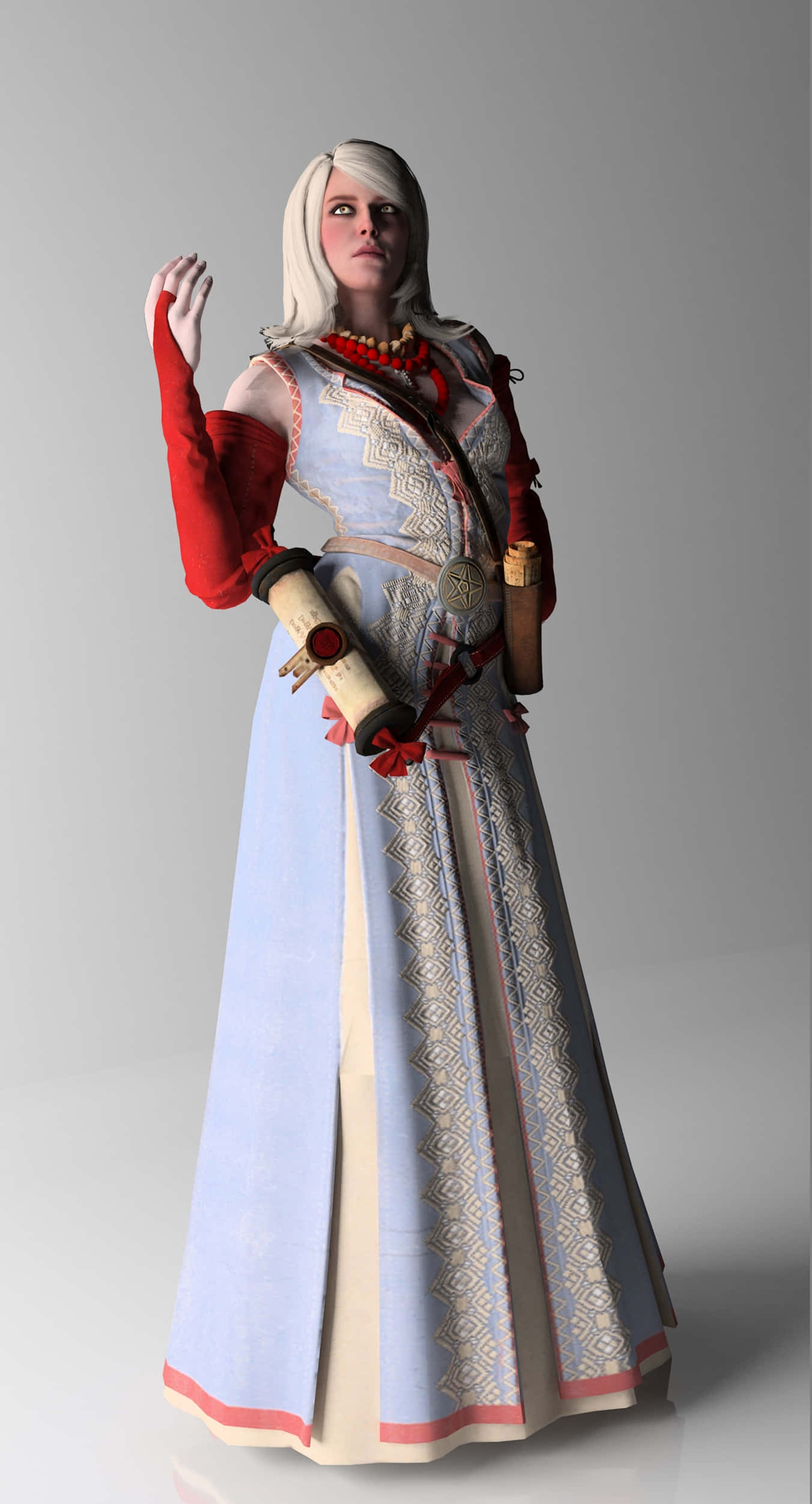 Keira Metz, white hair, blue and red gown, Full HD Phone Wallpaper