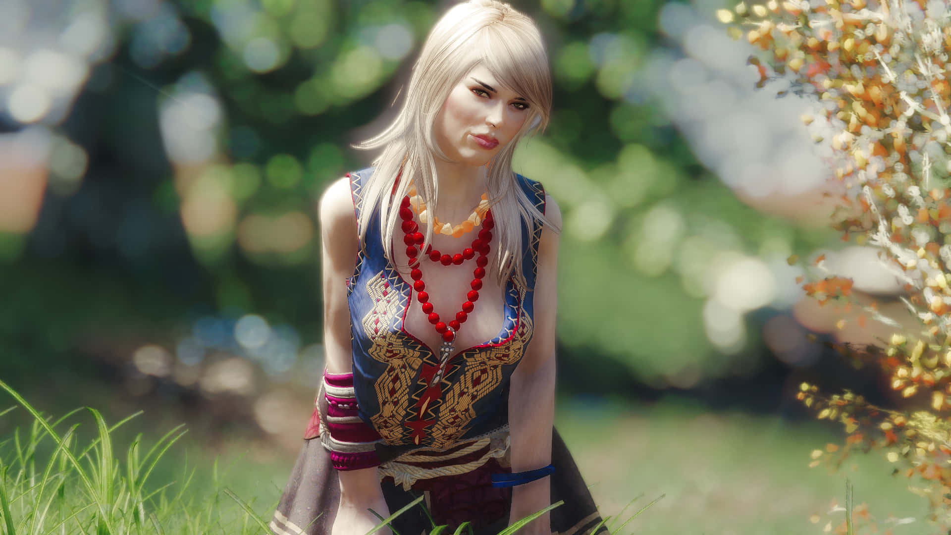 Keira Metz, blonde woman, ornate tribal attire, Full HD Desktop Wallpaper