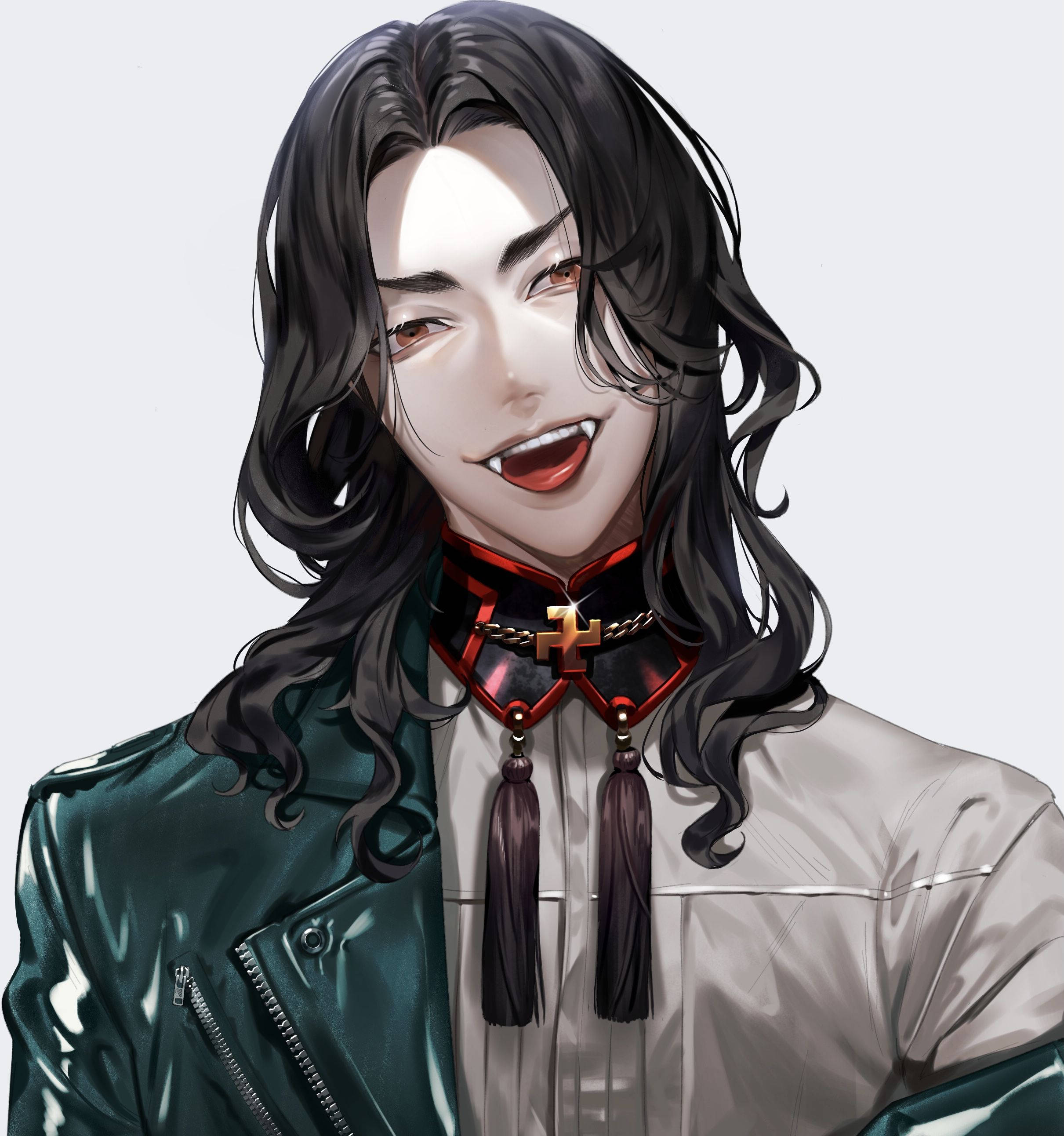 Keisuke Baji, green leather jacket, ornate red collar, 2K Phone Wallpaper