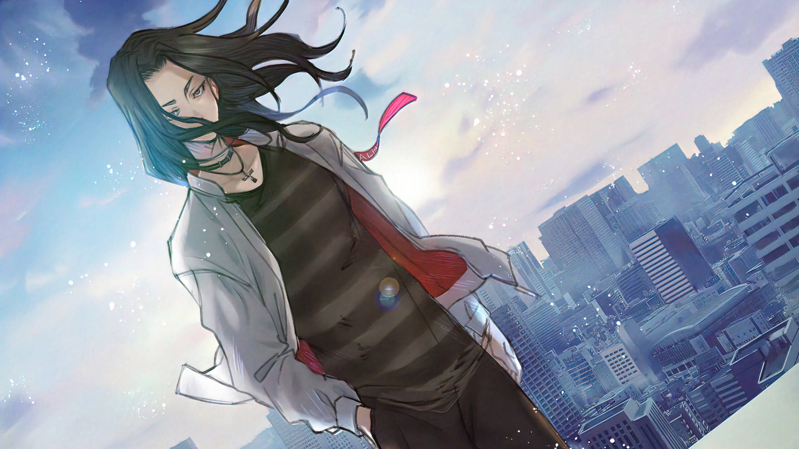 Keisuke Baji, red ribbon, cityscape, 2K Desktop Wallpaper