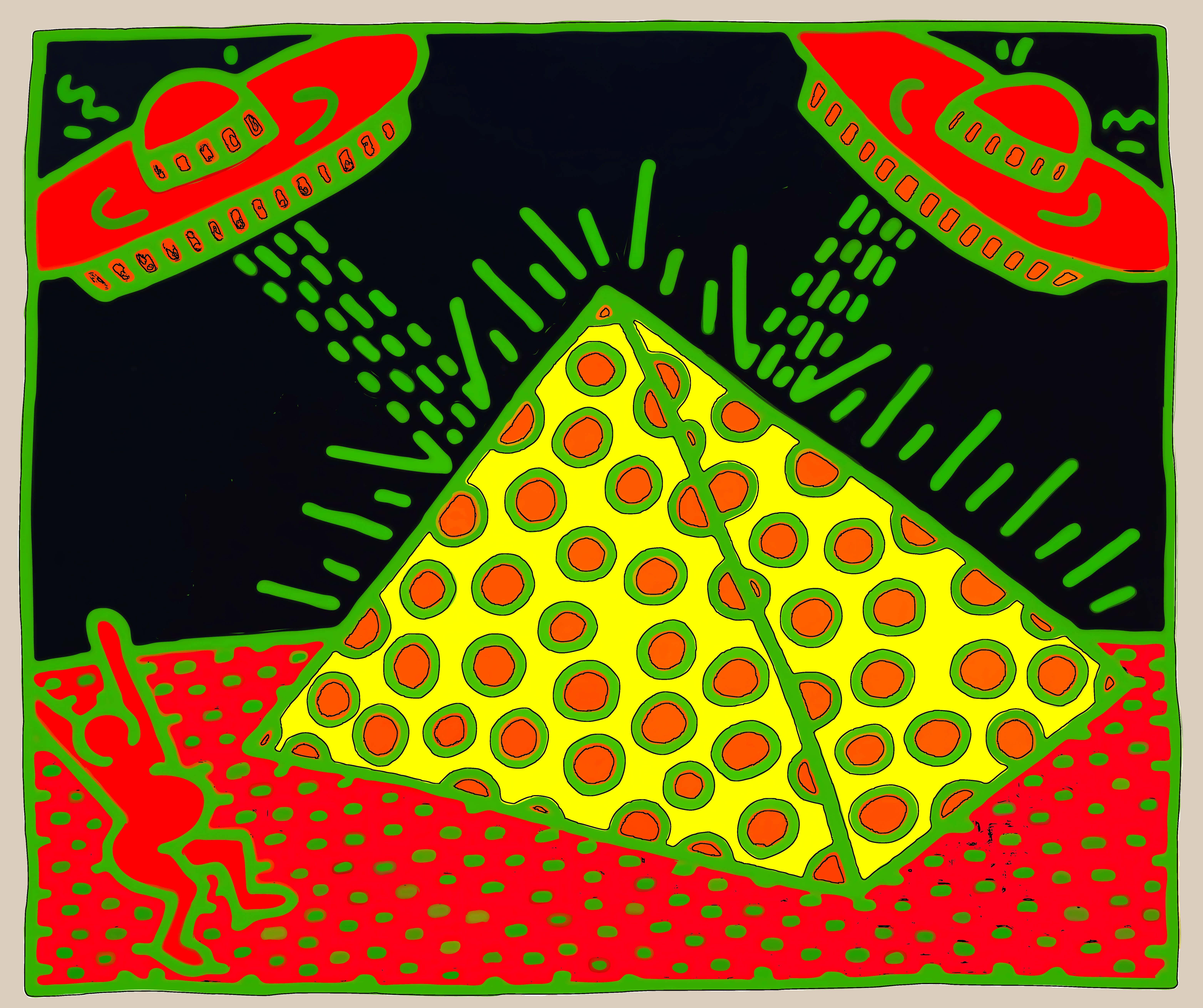 Keith Haring, alien dance, red flying saucers, 5K Desktop Wallpaper