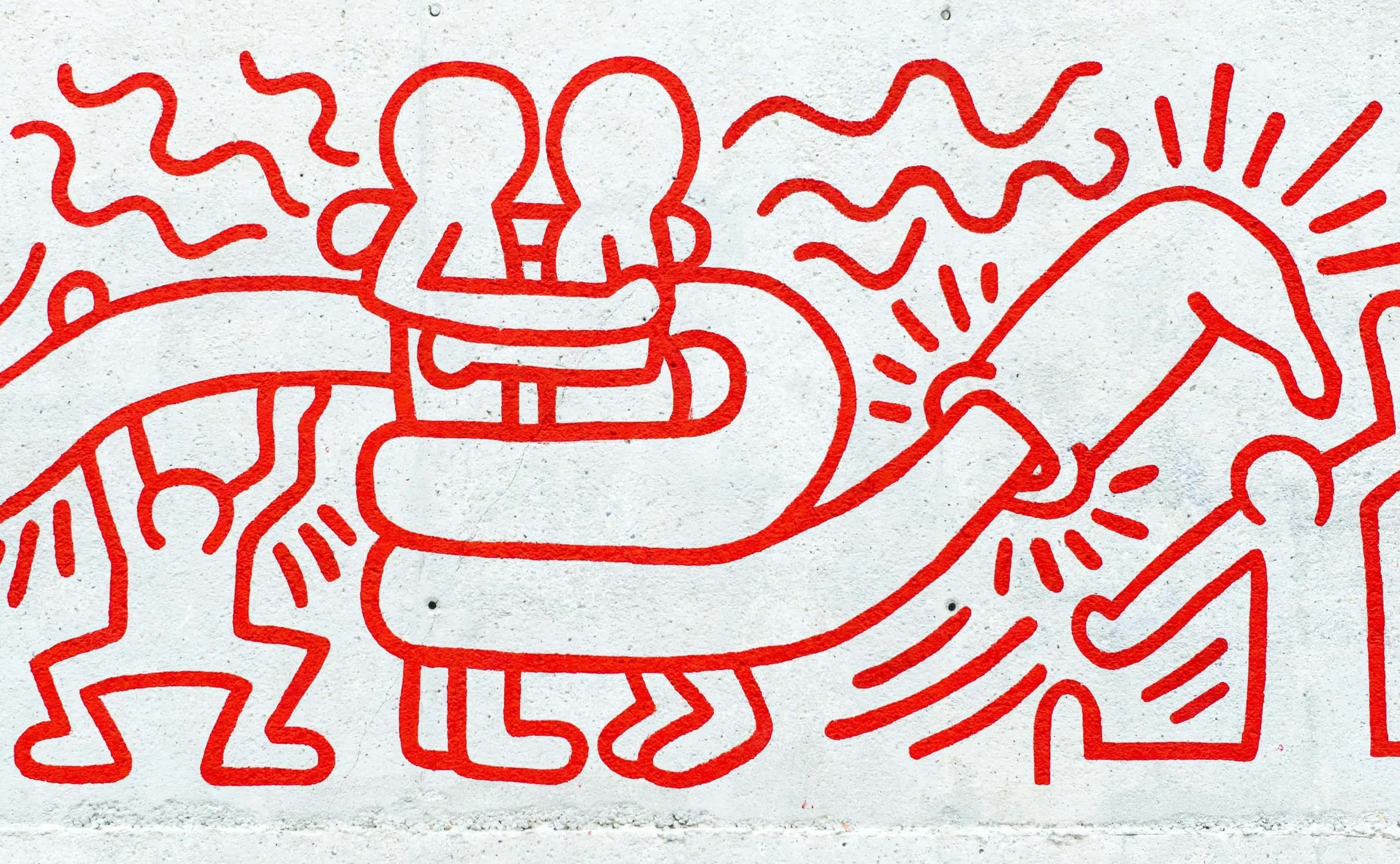 Keith Haring, red line art, abstract human figures embracing, 2K Desktop Wallpaper