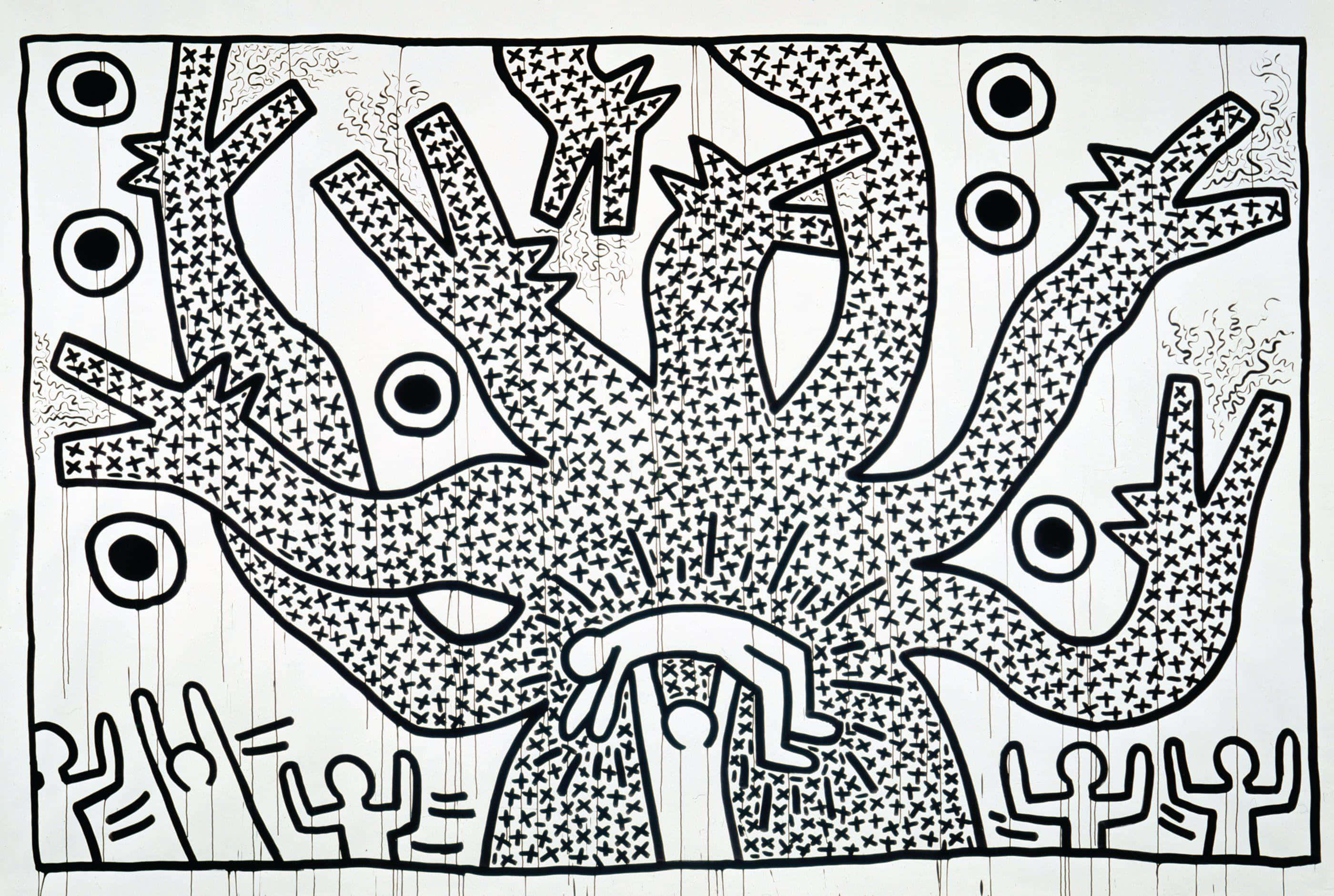Keith Haring, black and white abstract drawing, stylized creatures, 2K Desktop Wallpaper
