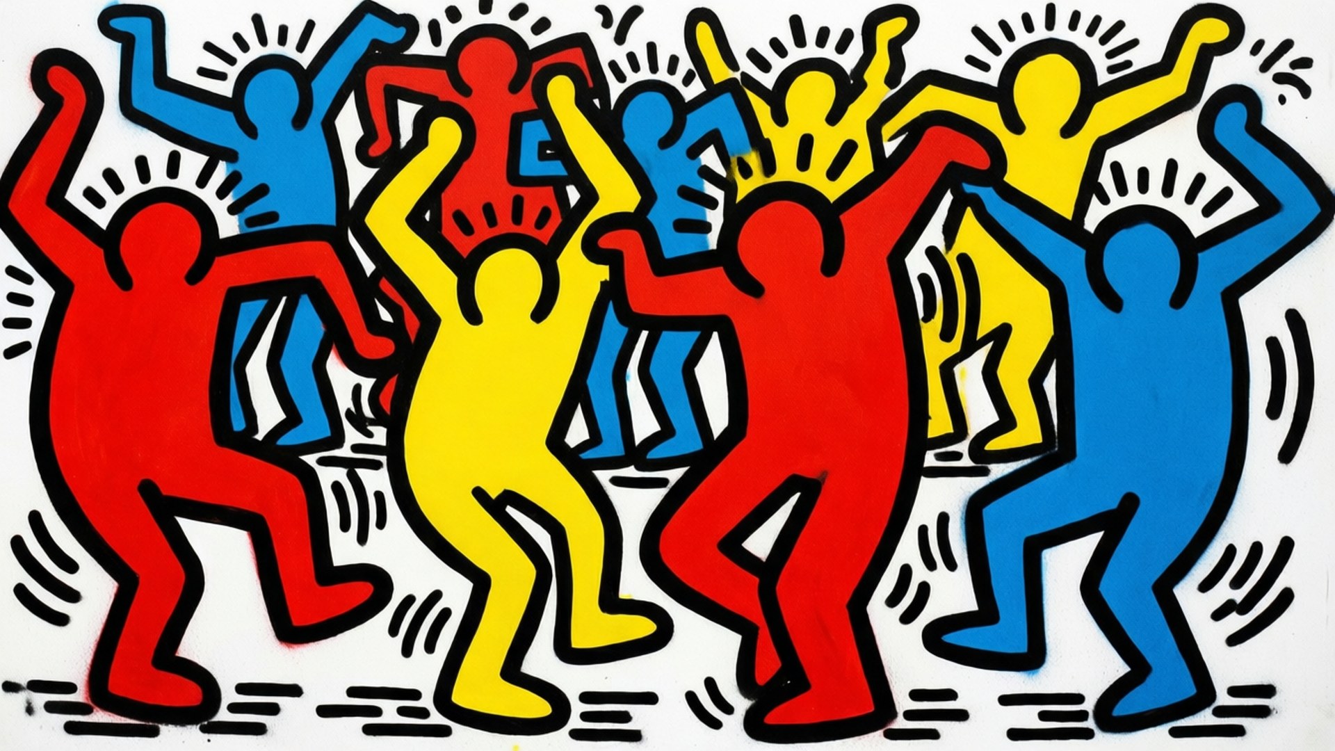 dancing crowd, red yellow and blue, stark white background, Full HD Desktop Wallpaper
