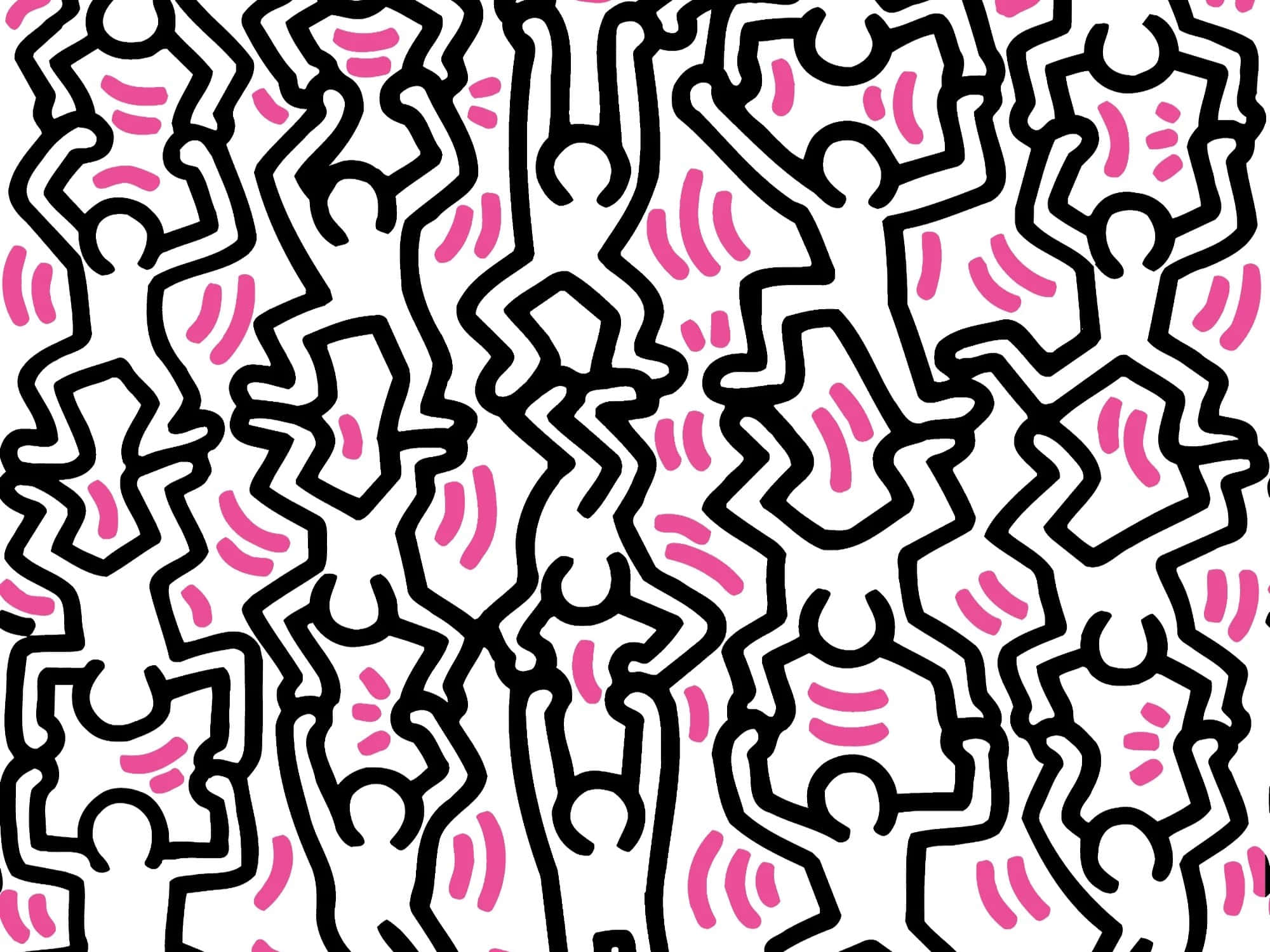 Keith Haring, black outlines, pink curved accents, Full HD Desktop Wallpaper