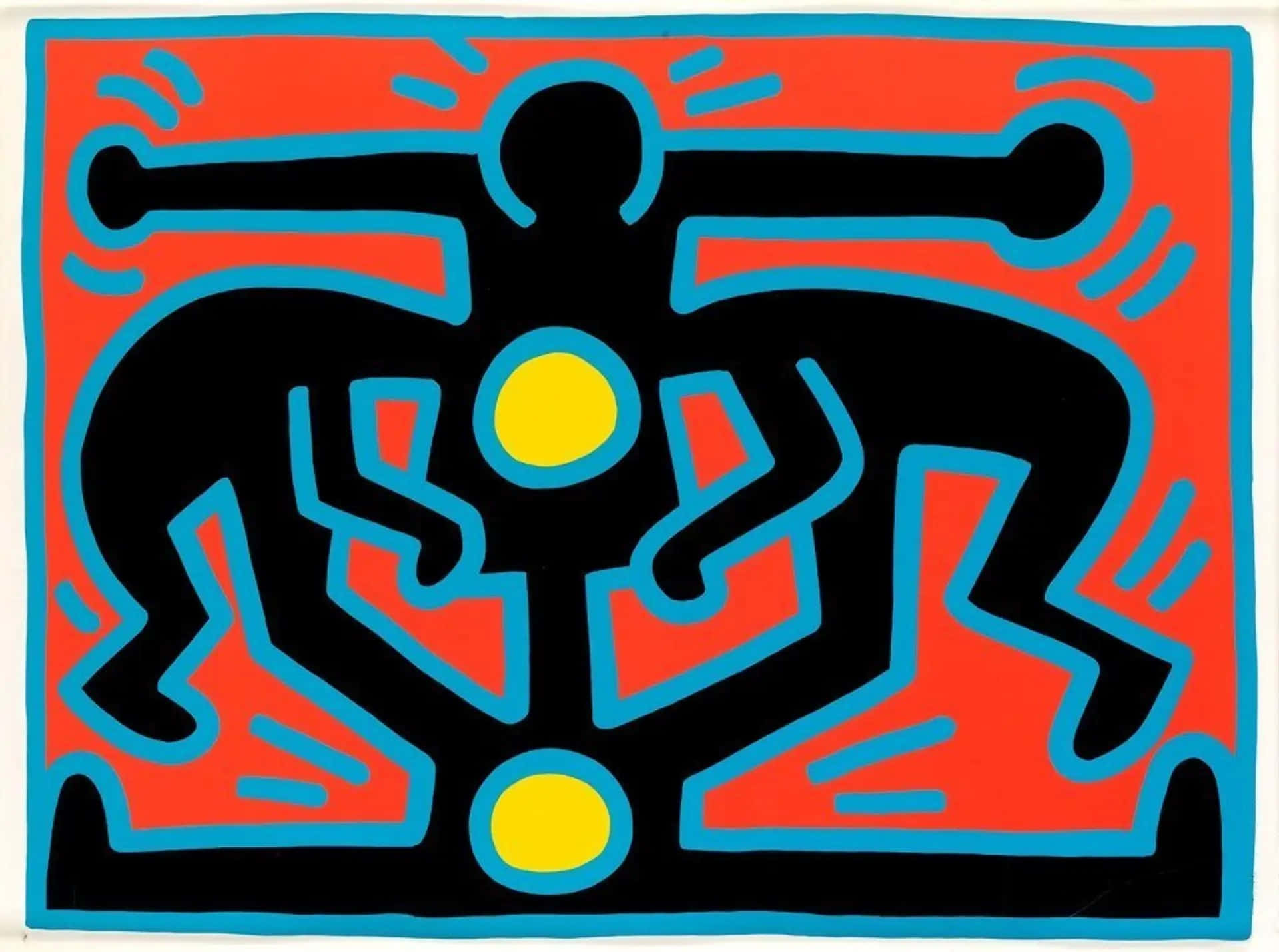 Keith Haring, vibrant red background, blue outlines, Full HD Desktop Wallpaper