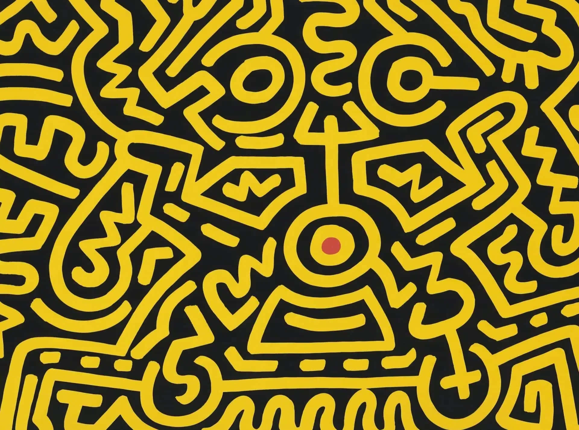 Keith Haring, yellow abstract lines, black background, Full HD Desktop Wallpaper